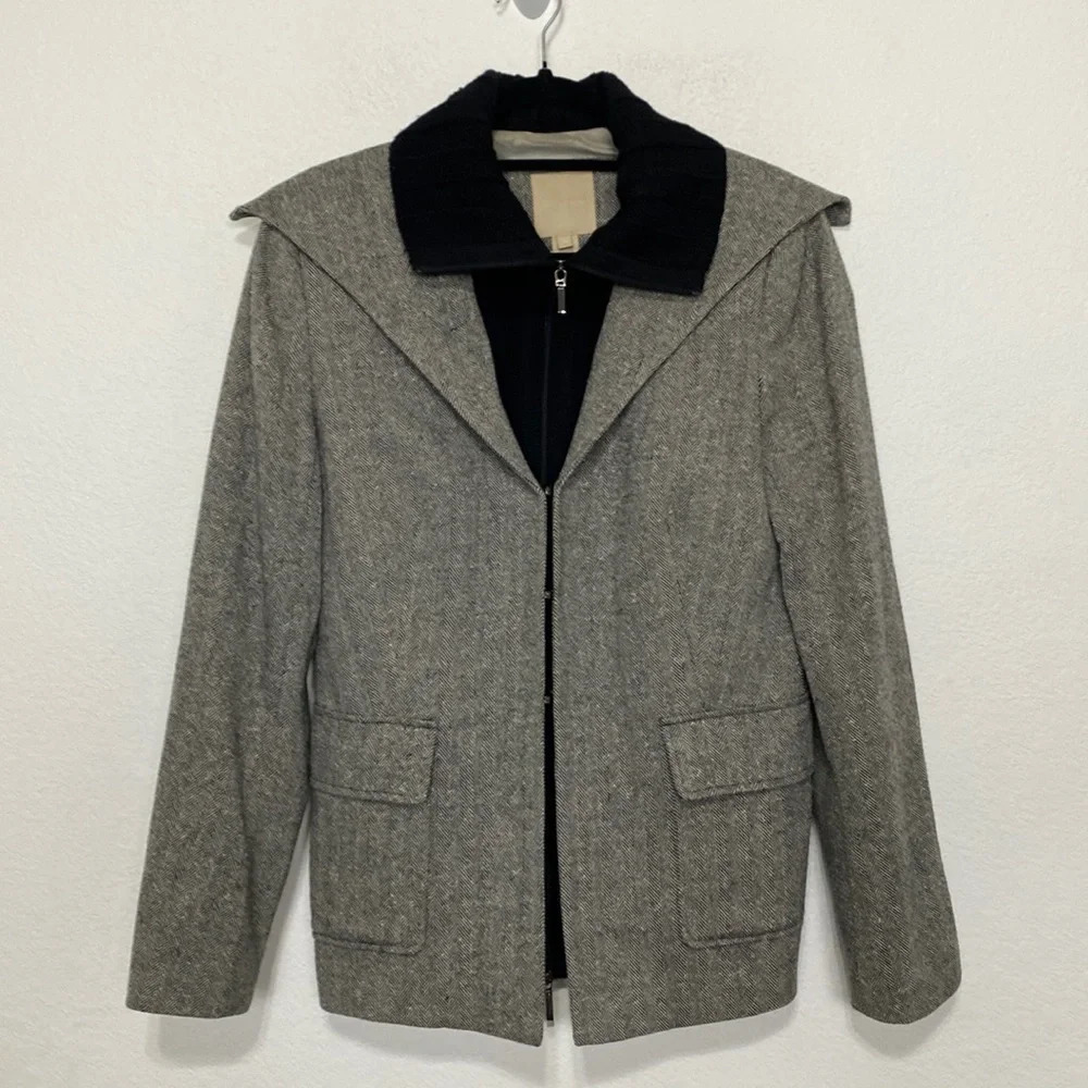 Magaschoni Gray Black Full Zip Wool Silk Blend Pockets Collared Jacket Size 10